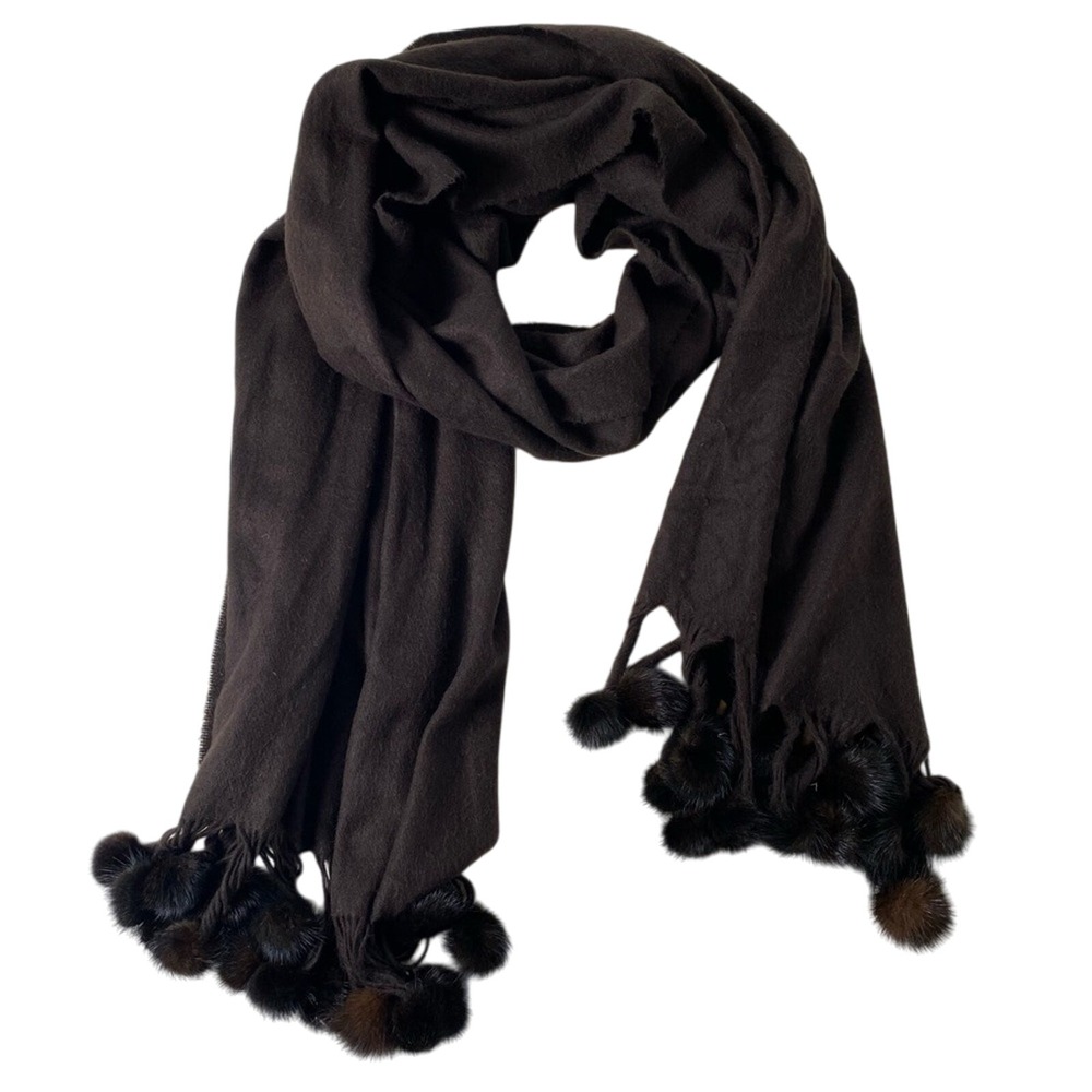 Scarf Soft Brown Fur Ball Wraparound Made in‎ Italy Luxury Casual Winter